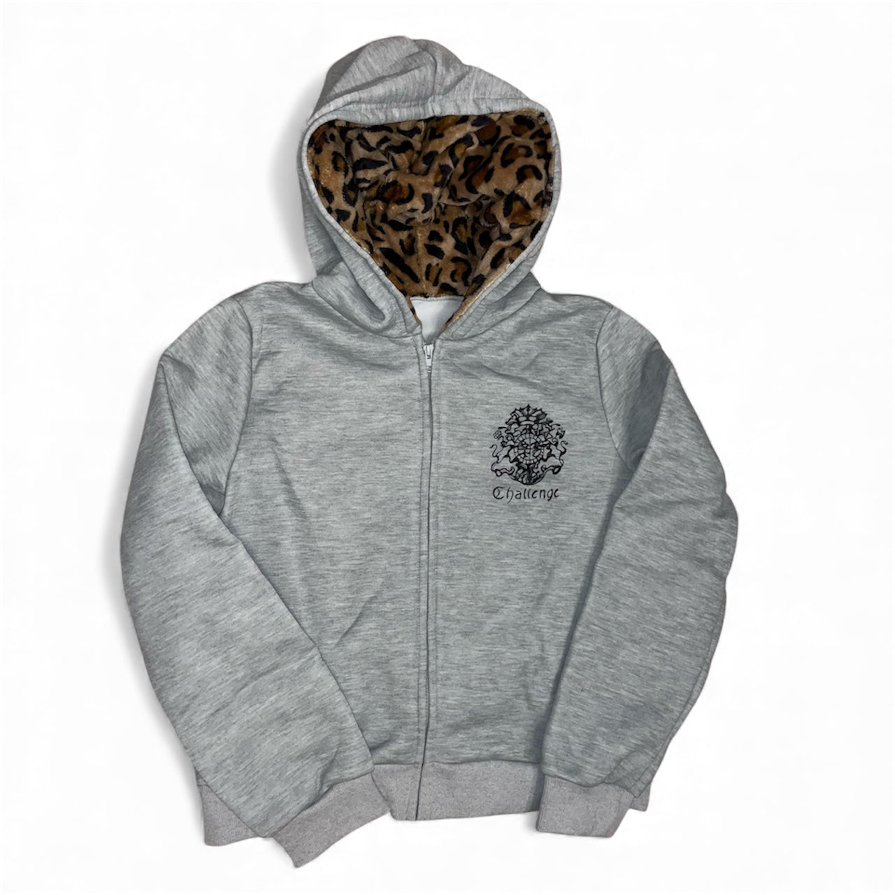 Veste zip grise à capuche léopard