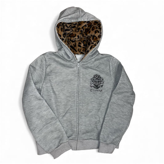 Veste zip grise à capuche léopard