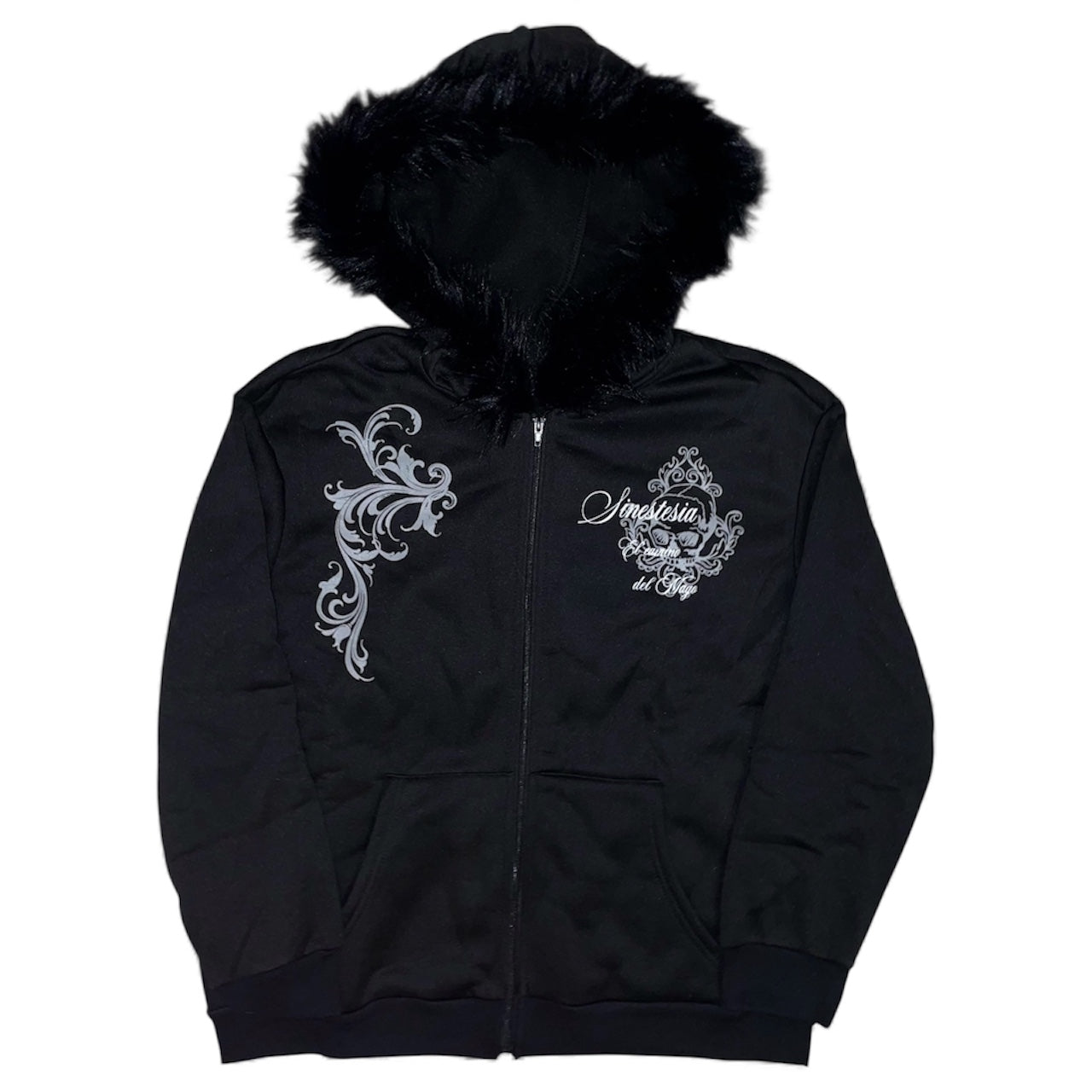 Veste zip noir tribal capuche fourrure