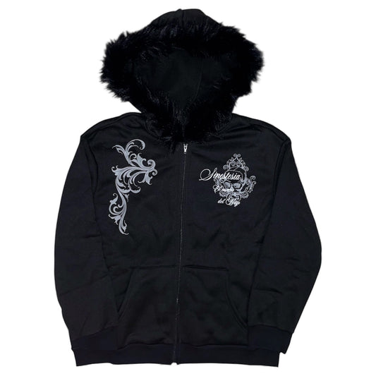 Veste zip noir tribal capuche fourrure