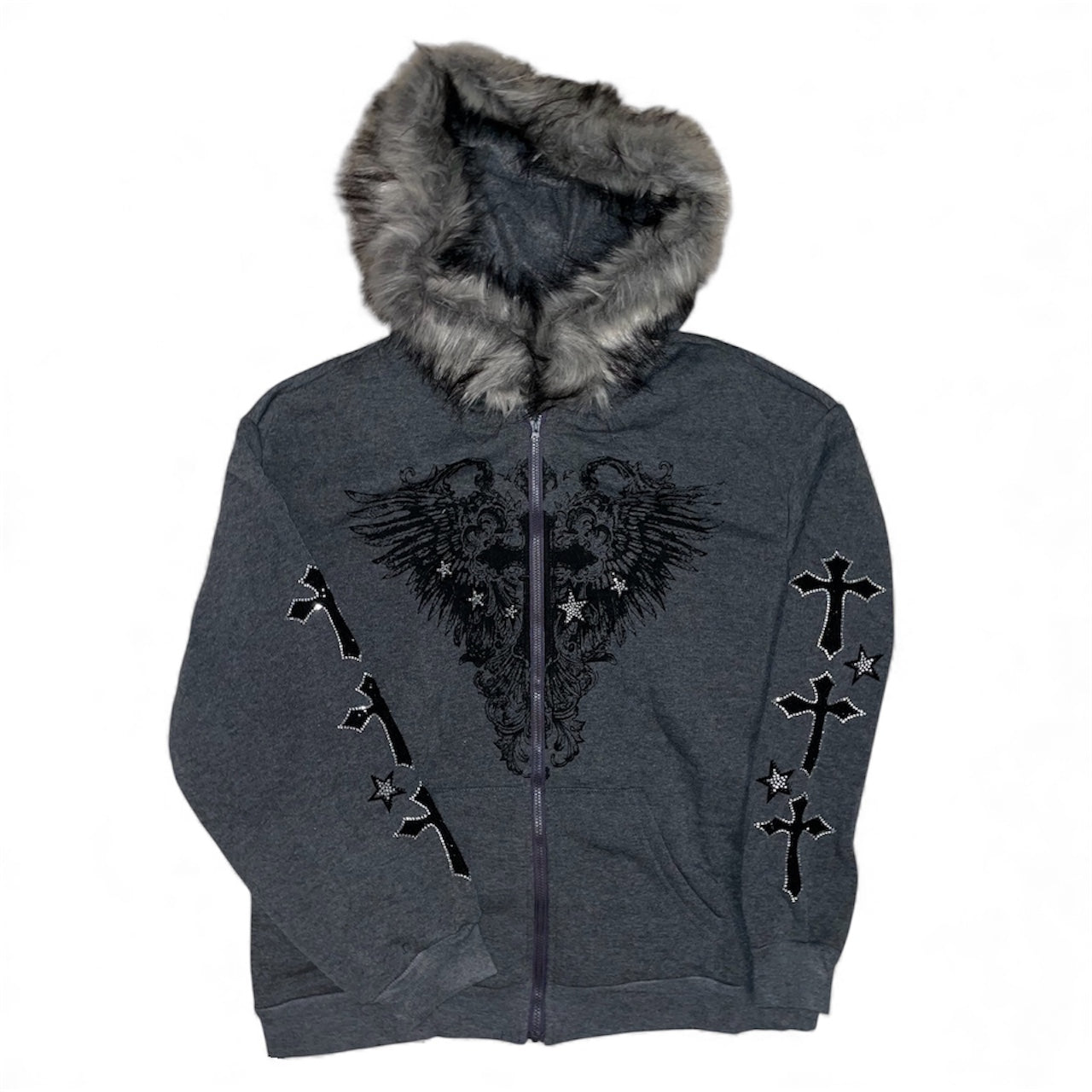 Veste zip grise croix capuche fourrure