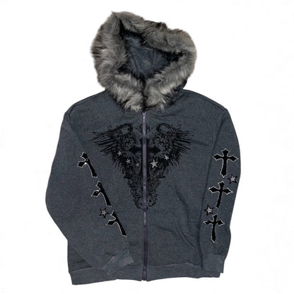 Veste zip grise croix capuche fourrure