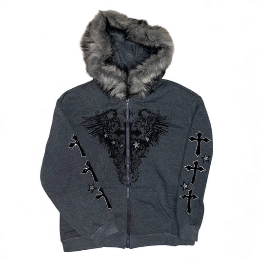 Veste zip grise croix capuche fourrure