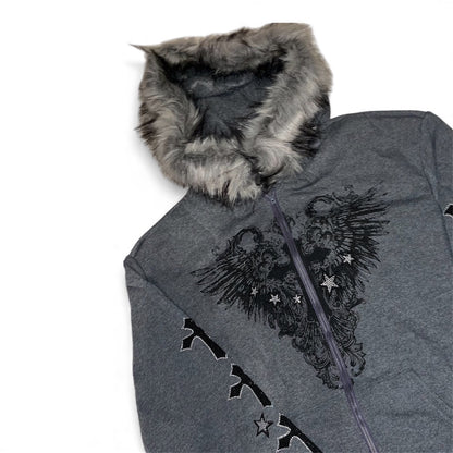 Veste zip grise croix capuche fourrure