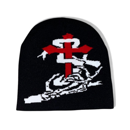 Bonnet noir squelette croix rouge