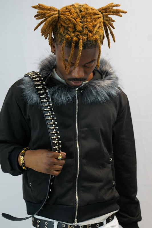 Veste zip légère noir capuche fourrure y2k