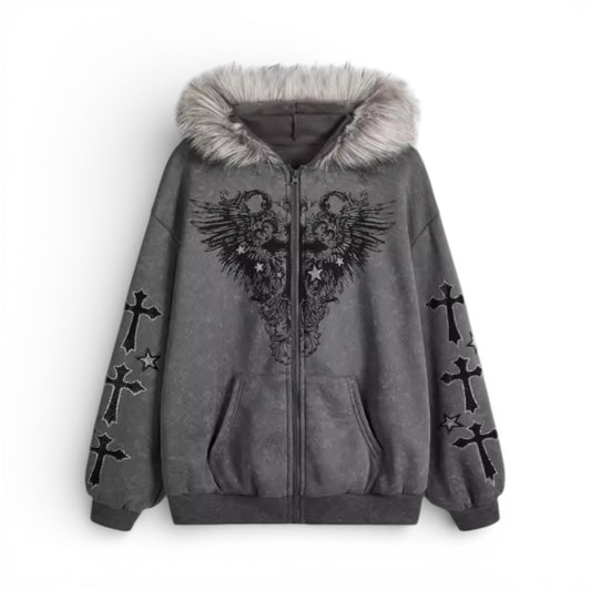Veste zip grise croix capuche fourrure